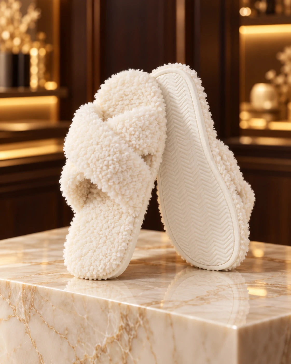Cream beige plush crisscross open-toe slippers