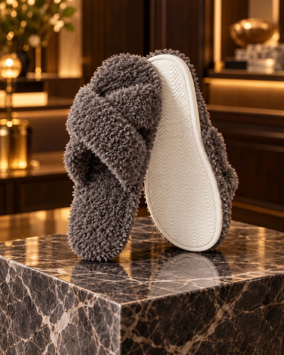Gray plush crisscross open-toe slippers