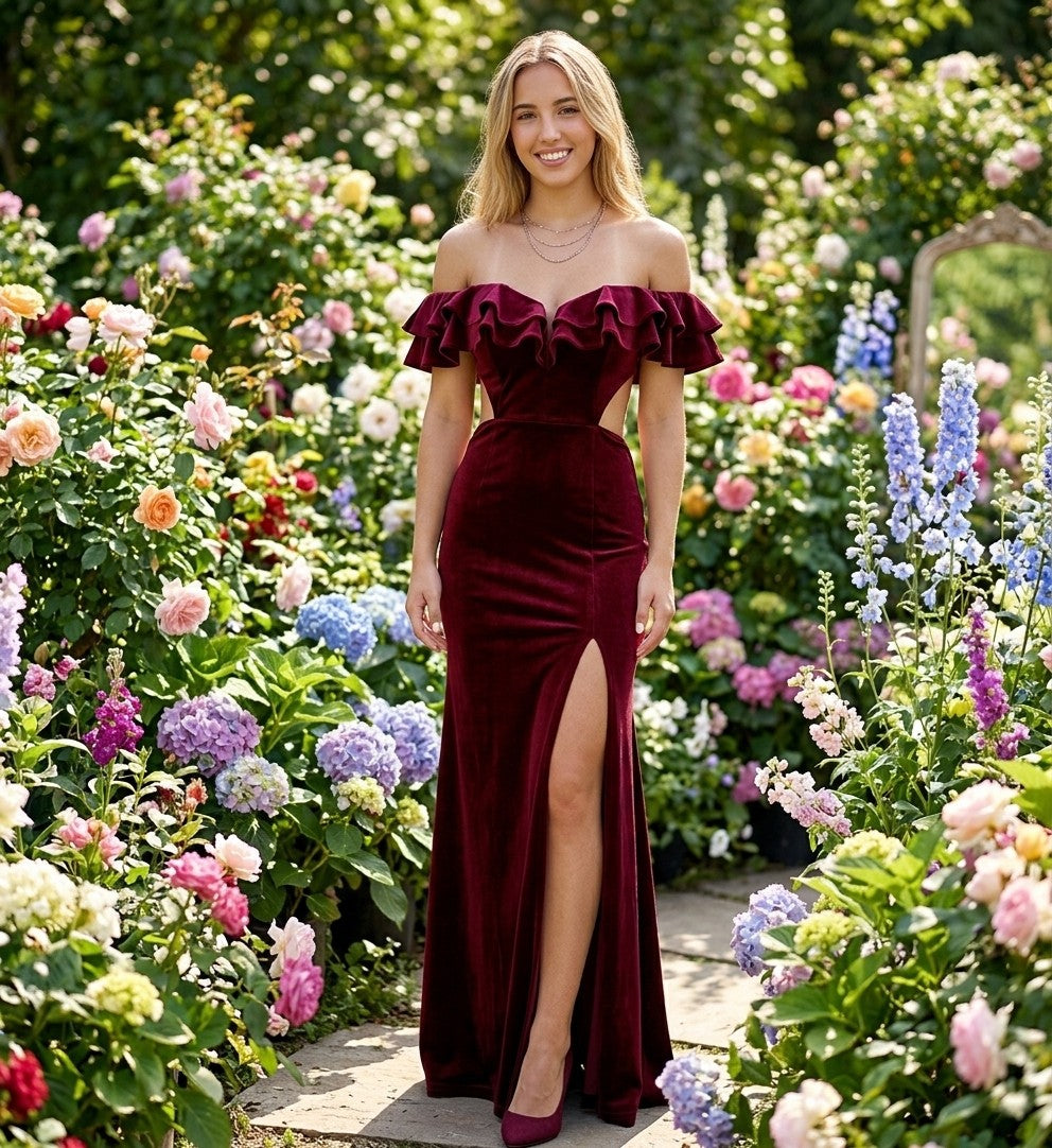 Ruffled Off-Shoulder High Slit Gown in Red