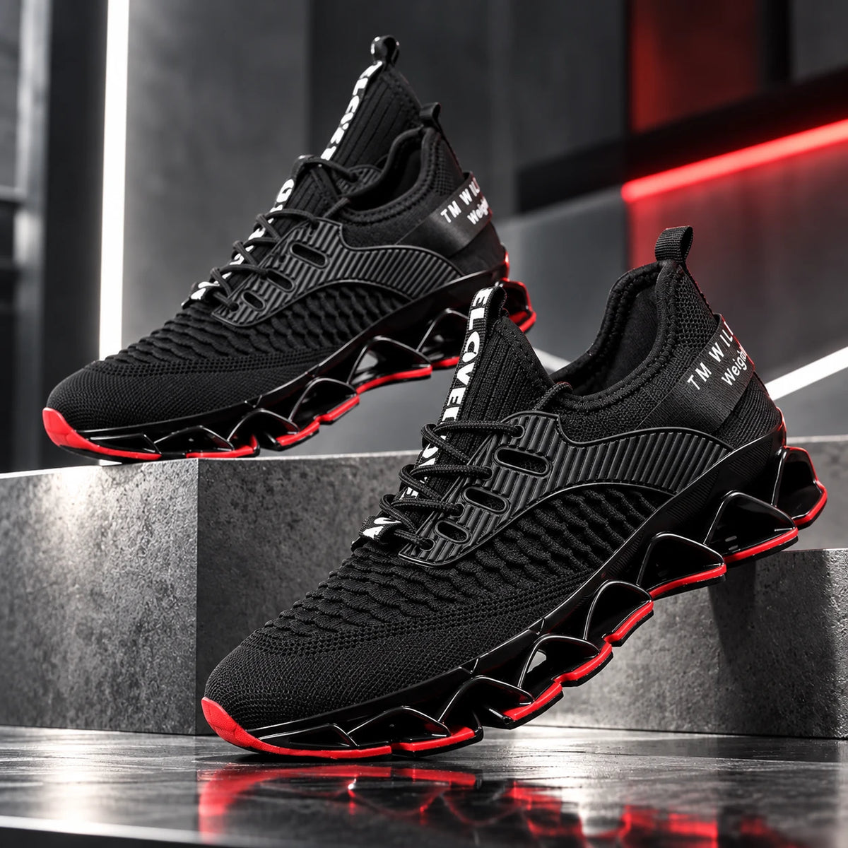 Black men's mesh running shoes with red sole accents and blade sole