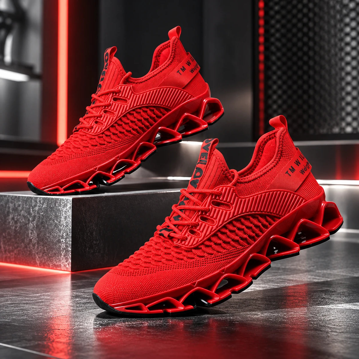 All red men's mesh running shoes with blade sole