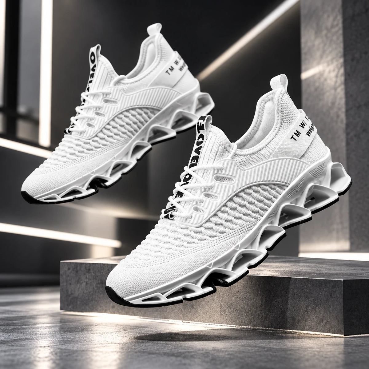White men's mesh running shoes with black outsole and blade sole