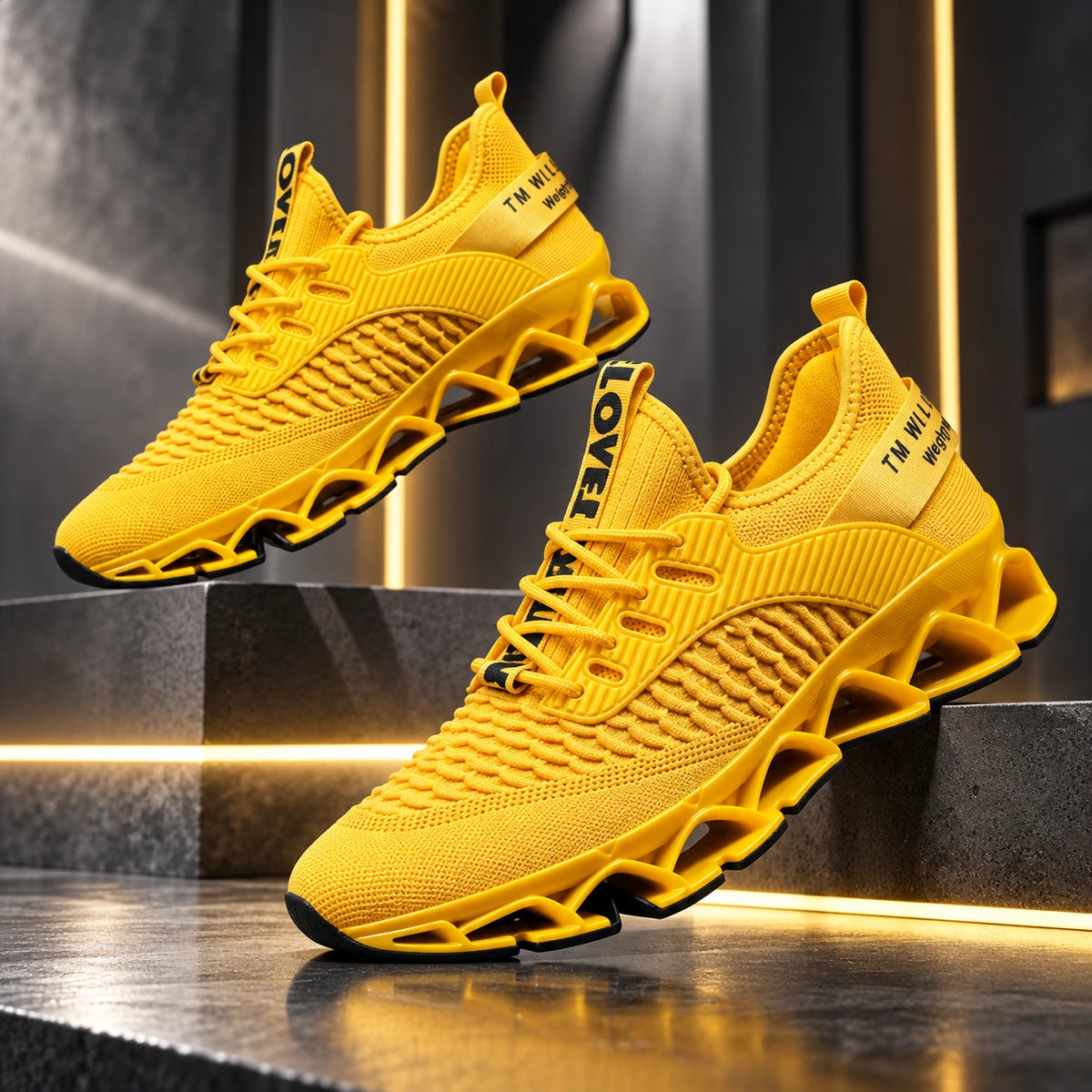 All yellow men's mesh running shoes with blade sole