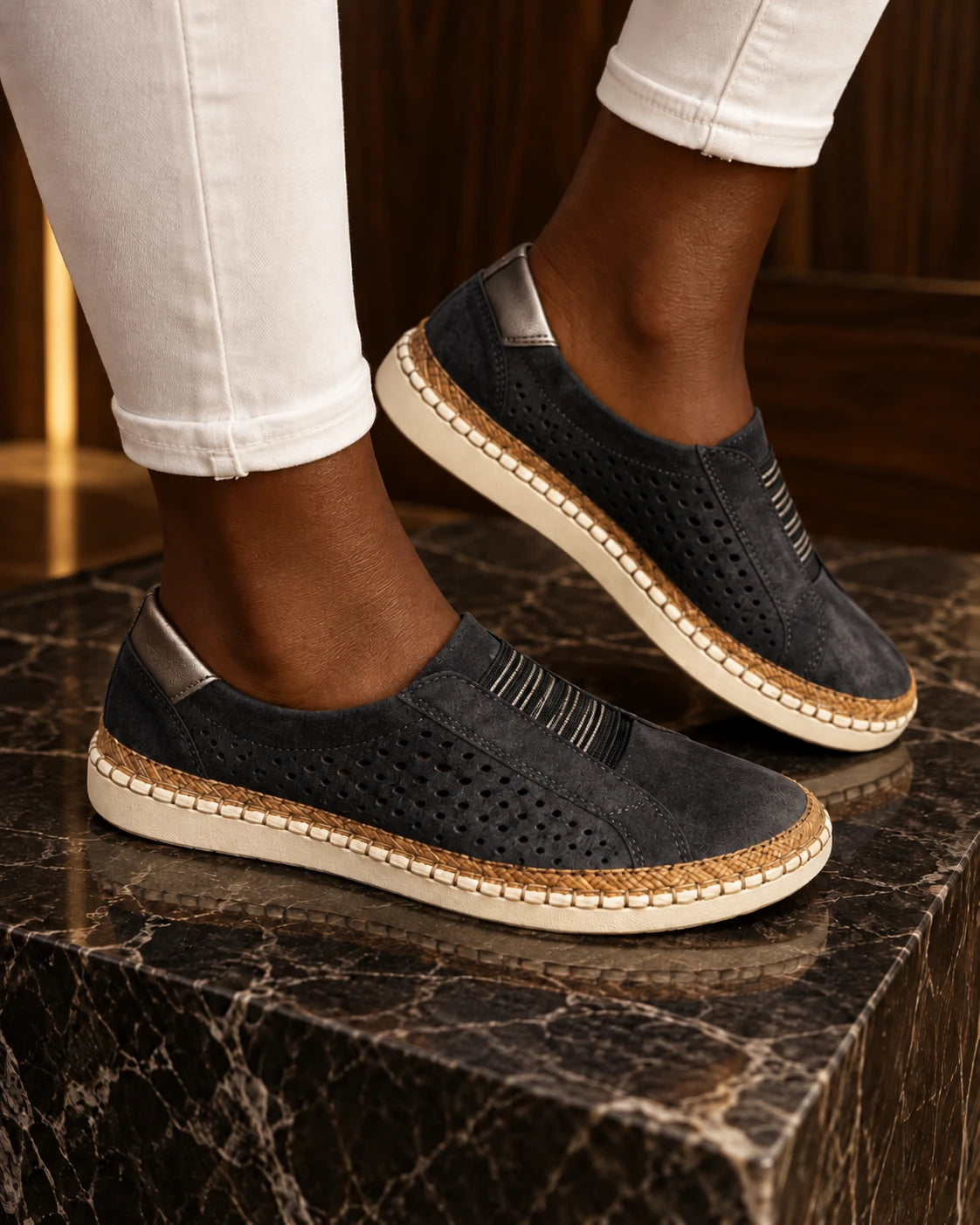 Black low-top casual slip-on shoes with striped sole