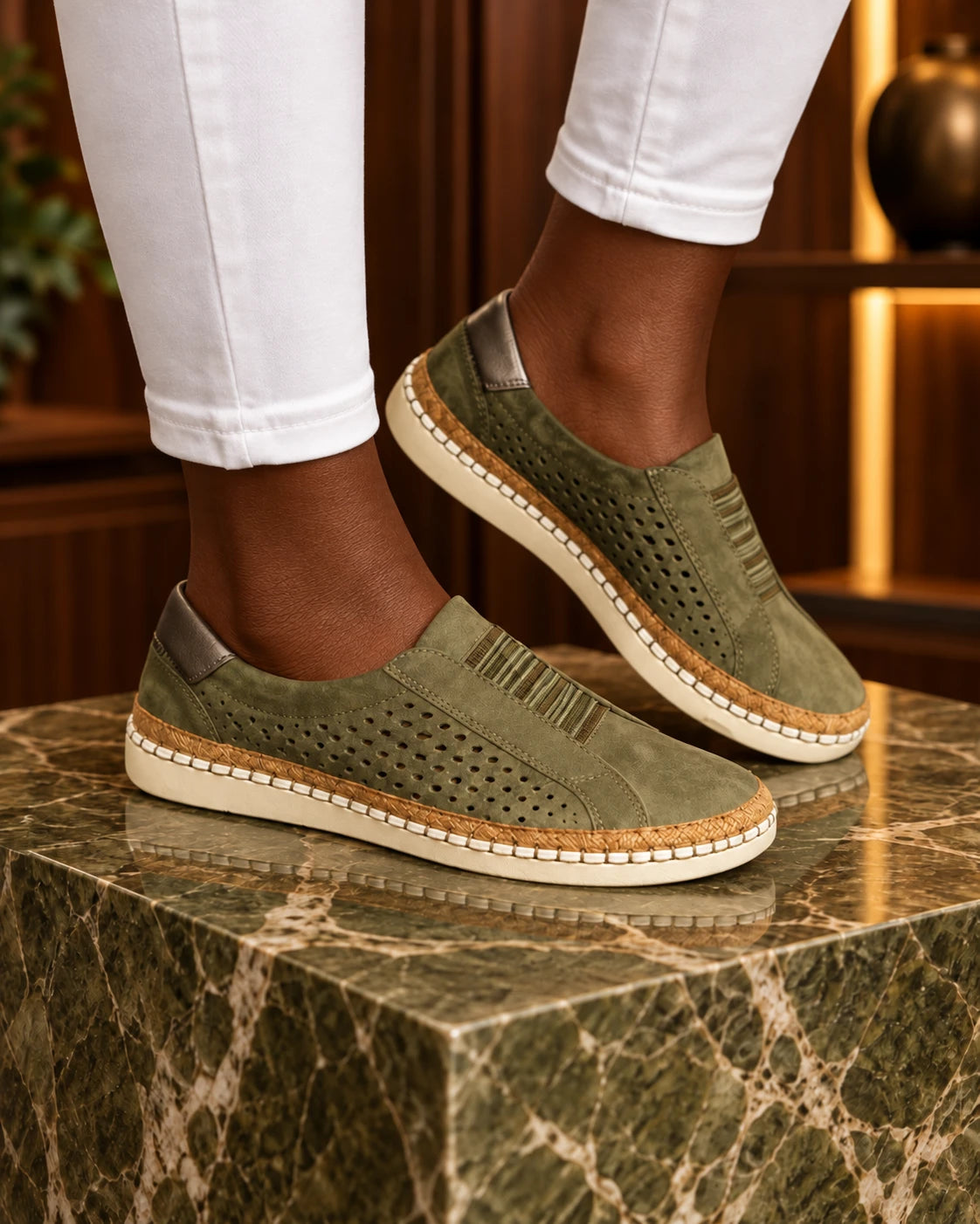 Green low-top casual slip-on shoes with striped sole