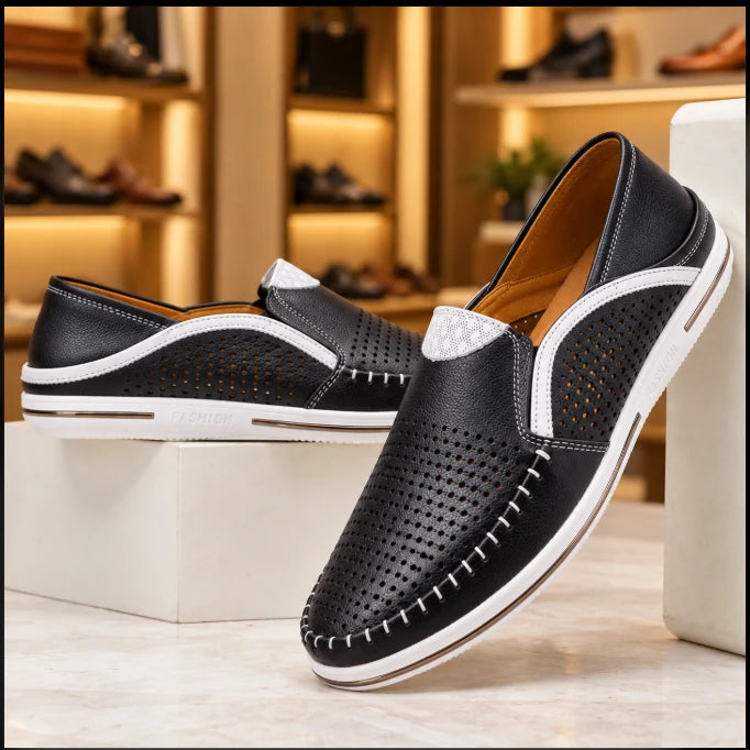 Genuine Leather Breathable Slip-On Loafers in black