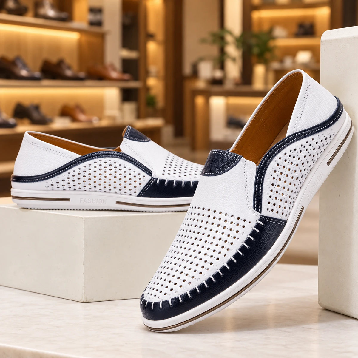 Genuine Leather Breathable Slip-On Loafers in white
