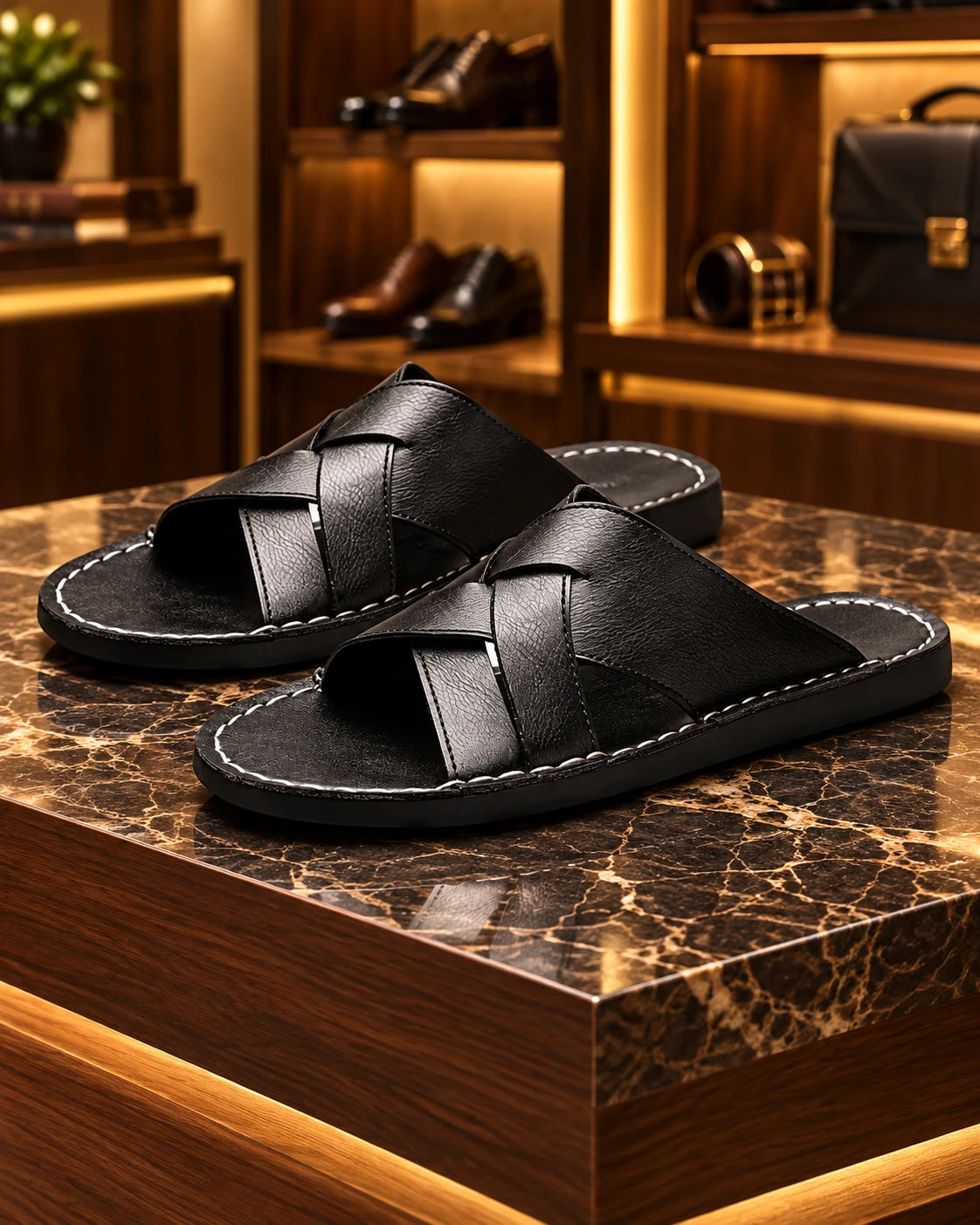 Black leather crisscross strap slide sandals with white stitching