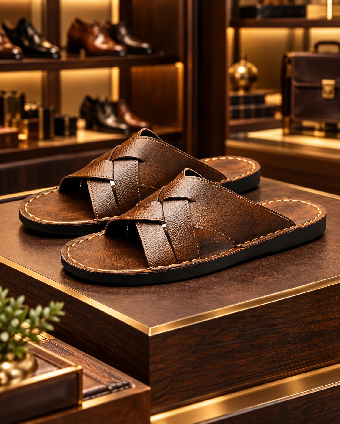 Brown leather crisscross strap slide sandals with contrast stitching