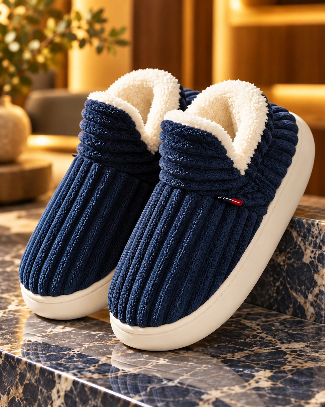 Navy blue thick-sole anti-slip warm household slippers