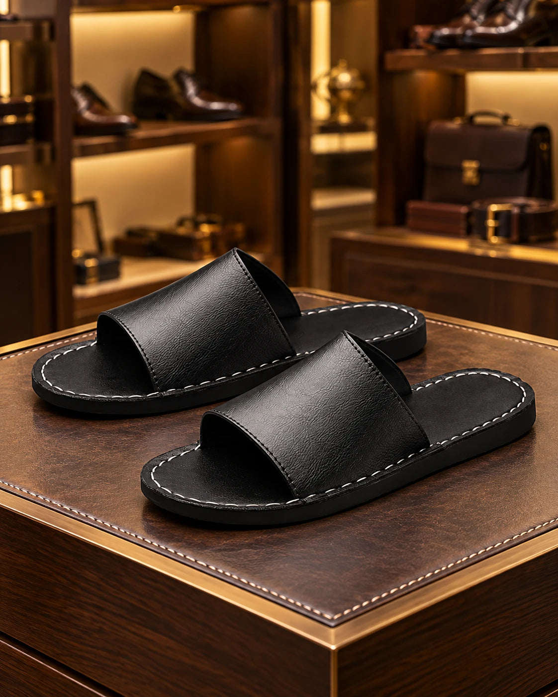 Black leather wide-band slide sandals with white stitching