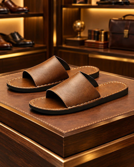 Brown leather wide-band slide sandals with contrast stitching