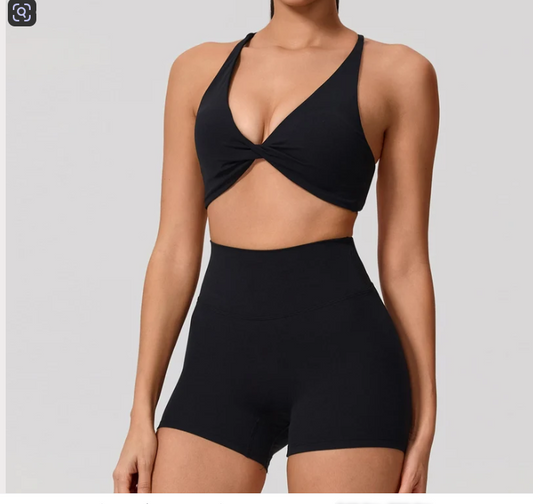 Cross-Back Sports Bra and Shorts Set in Black