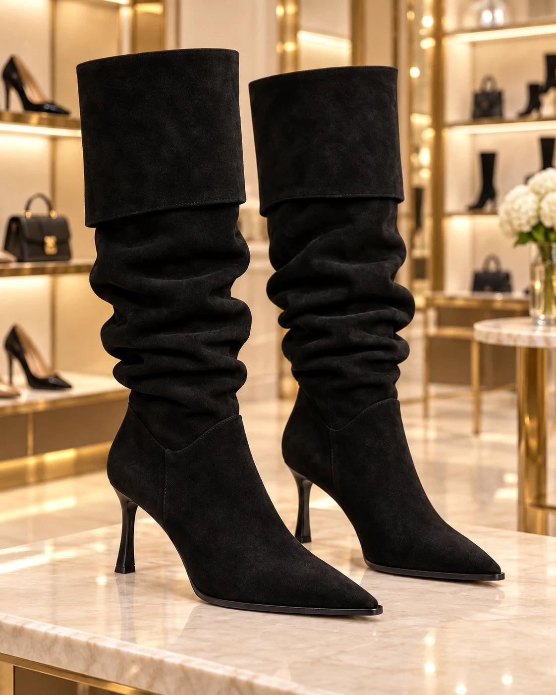 Black suede slouch fold-over knee-high stiletto boots
