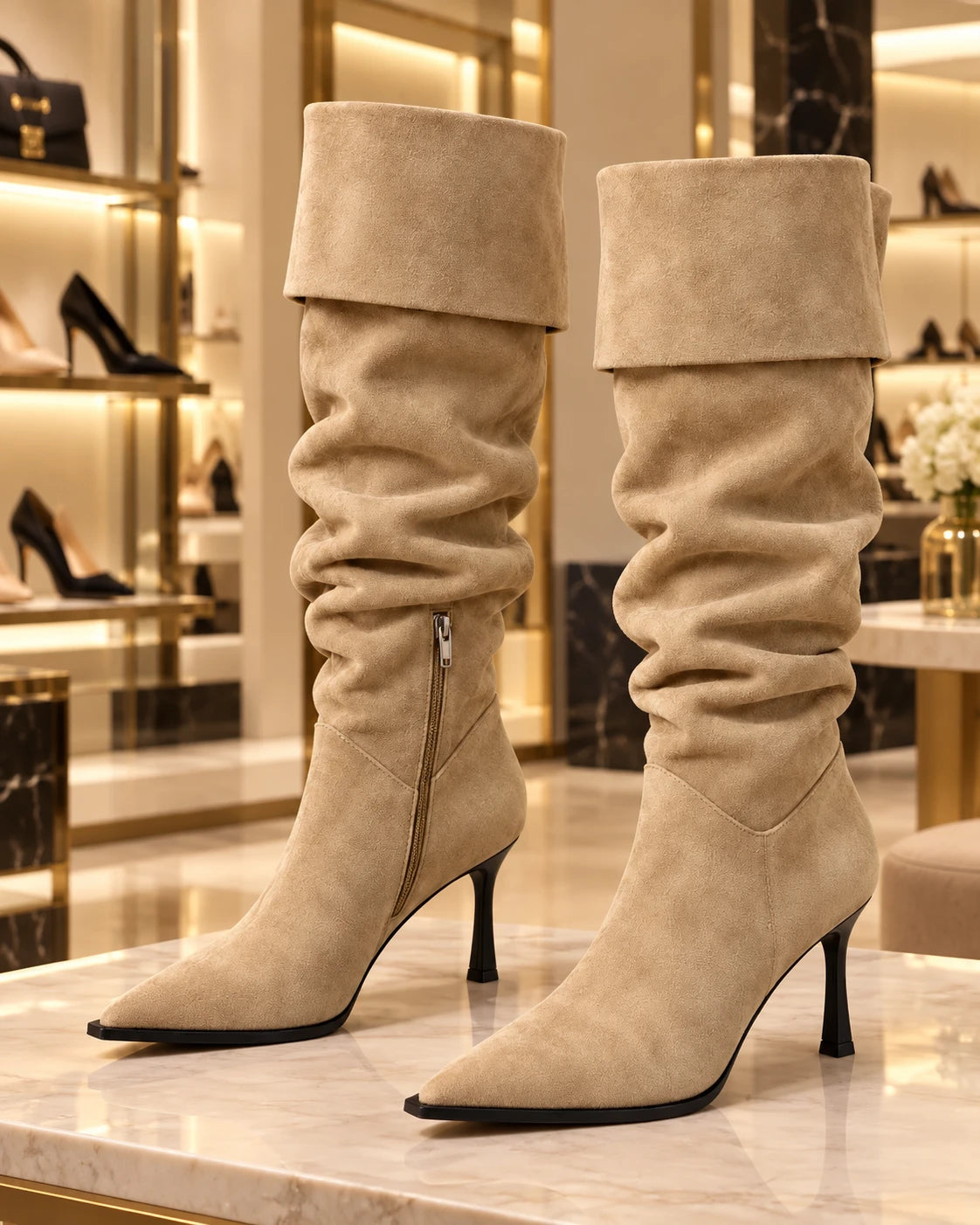 Khaki suede slouch fold-over knee-high stiletto boots