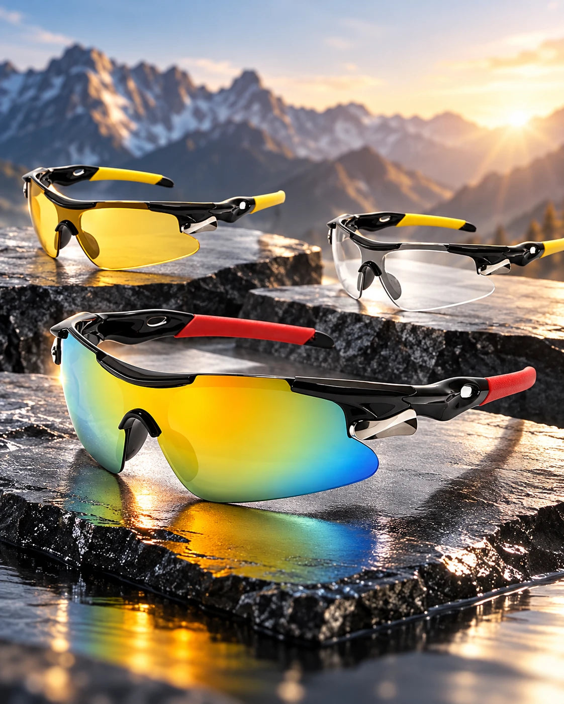 Three pairs of sports sunglasses with yellow, clear and red mercury lenses on rock with a mountain sunrise behind