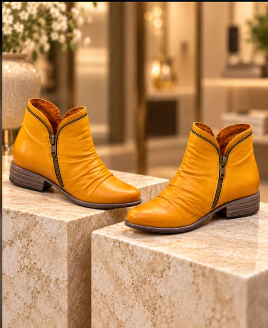 Women's V-Cut Leather Martin Boots with Side Zipper