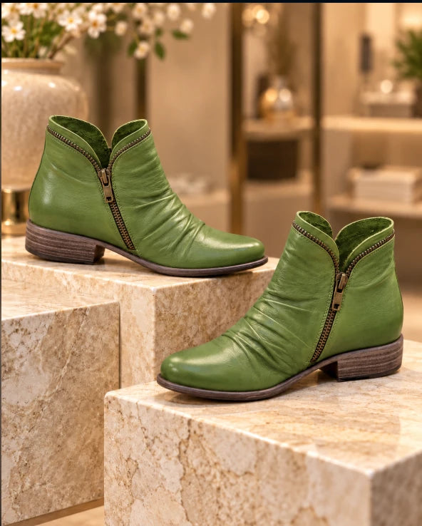 Women's V-Cut Leather Martin Boots with Side Zipper