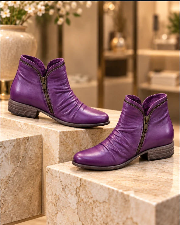 Women's V-Cut Leather Martin Boots with Side Zipper