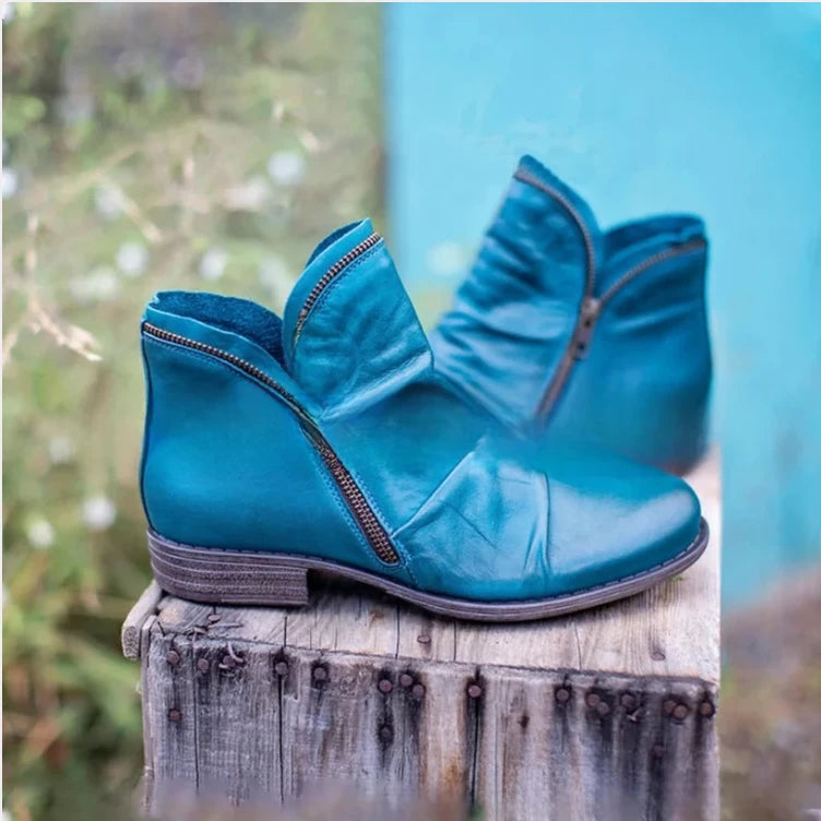 Women's V-Cut Leather Martin Boots with Side Zipper