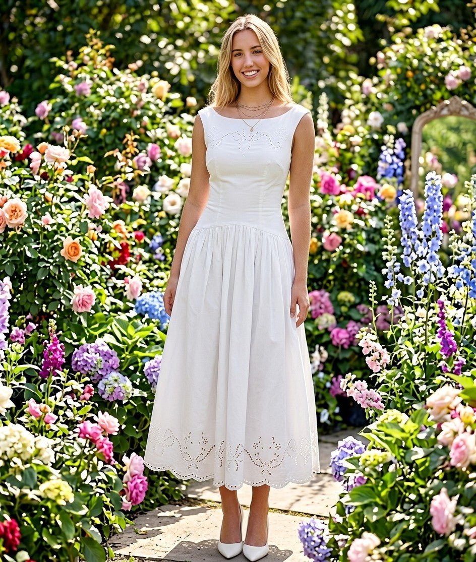 Embroidered Midi Dress in White