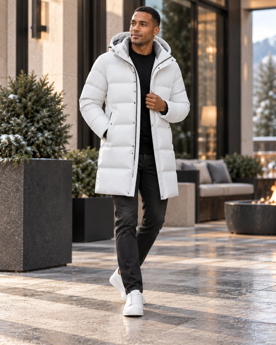 Men's down jacket in white, worn by a model