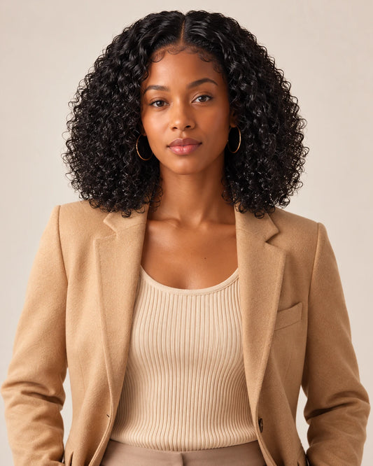 Black curly wig with center part, front view