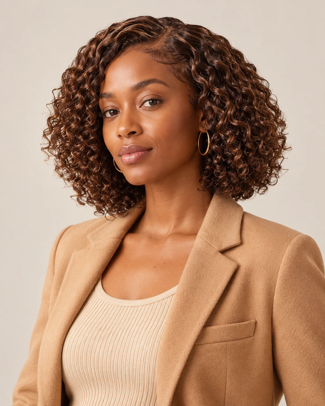 Brown curly wig with caramel highlights