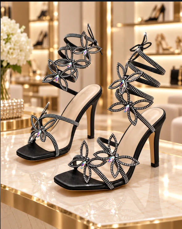 Roman Rhinestone Winding Thin Heel Sandals
