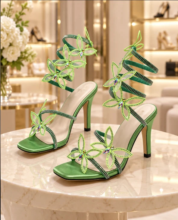 Roman Rhinestone Winding Thin Heel Sandals