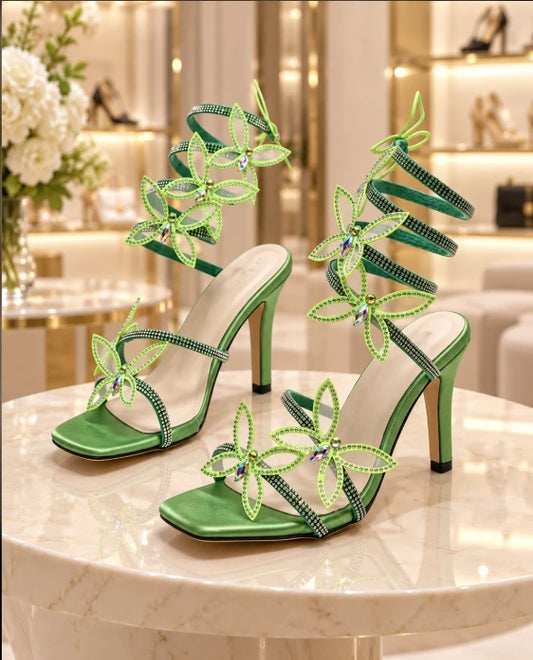 Roman Rhinestone Winding Thin Heel Sandals